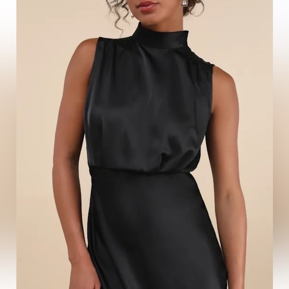 NWT! Lulu's Classic Elegance Black Satin Sleeveless Mock Neck Maxi Dress. large - Picture 2 of 10